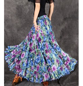 Violet blue floral printed sequins big skirted long length women's ladies female competition stage performance professional ballroom tango waltz flamenco dance skirts
